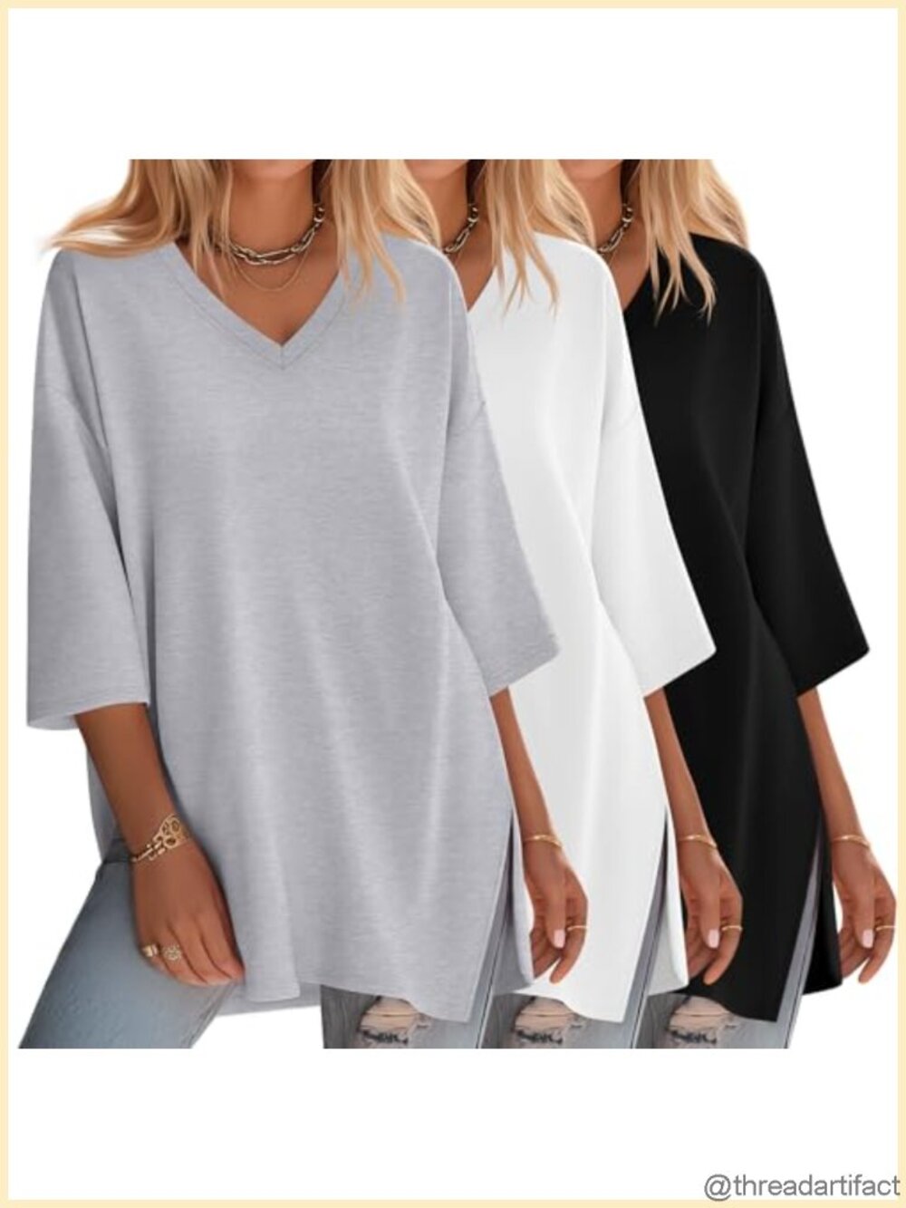 3 Pack Womens 3/4 Sleeve Oversized V Neck Tunic Tees Loose Fit